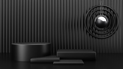 Black podium 3d rendering used for additional product, Minimal style with circle Dark pedestal studio background. 3d render.