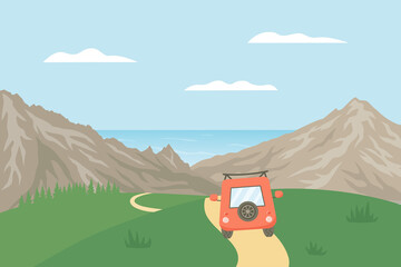 The car goes through the fields through the mountains to the sea.