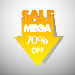 Mega Sale Arrow banner in pop-art style. The global fall in prices. 70 % OFF. Abstract background. Advertising poster. illustration