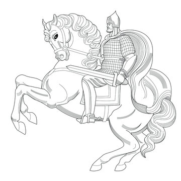Old Russian knight with  armor and helmet on horse. Heraldry. Hand drawn vector illustration isolated on white. For coloring books and pages.