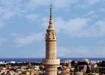 Fototapeta na wymiar Suleiman Mosque (or Suleymaniye Mosque), the minaret, the Old Town of Rhodes, Rhodes, Greece