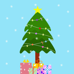 Christmas tree decorate with colorful ornament and many gifts
