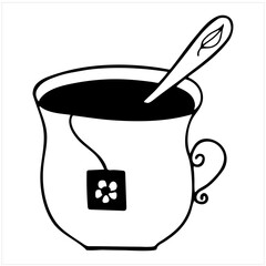 White cup with a spoon and a tea bag label with a flower. Isolated hand drawn simple vector illustration in black and white.