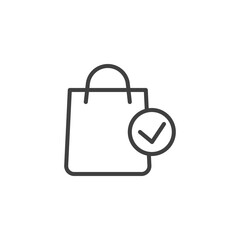 Shopping bag and check mark line icon. linear style sign for mobile concept and web design. Completed order outline vector icon. Symbol, logo illustration. Vector graphics
