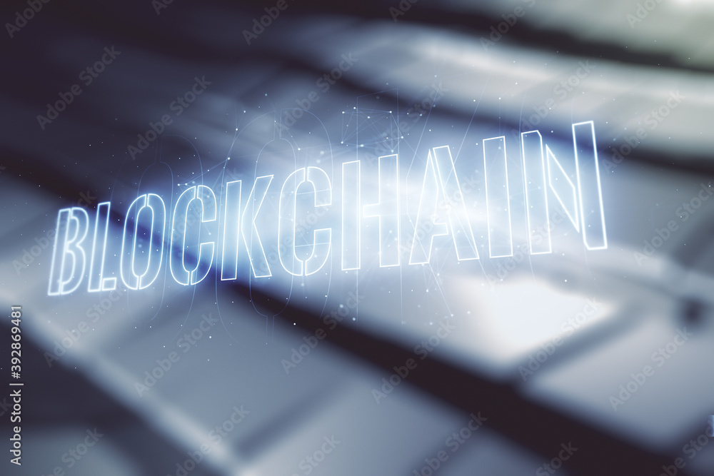 Poster abstract virtual blockchain technology hologram on abstract metal background, cryptography and decen