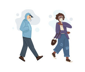 Group people character choking on dust wearing protective face masks gas walking along dusty polluted street. Pollution environmental of smoking pipes factories, industry smoke smog