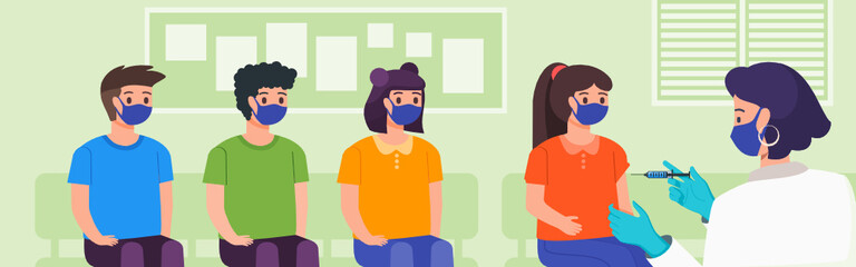 Kids with Face Mask Sitting in Line waiting for Vaccine Injection by Female Doctor in Clinic, Hospital or Public Medical Service. Children Vaccination for Herd Immunity. Healthcare Flat Design Style. 