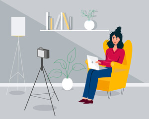 Blogger - woman that records video blog. Vlog concept. Woman are talking in front of a video camera. Vector flat illustration.