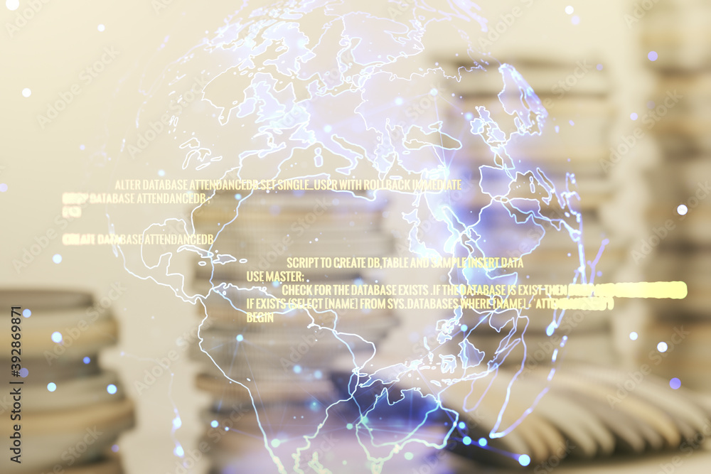 Poster double exposure of abstract creative programming illustration and world map on growing coins stacks 