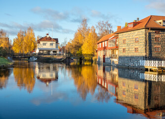 Obraz premium Old tow of Falun with traditional, picturesque, red wooden houses in the city of Falun in Dalarna, Sweded