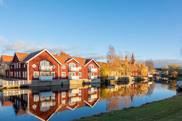 Old tow of Falun with traditional, picturesque, red wooden houses in the city of Falun in Dalarna, Sweded