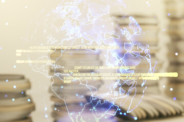 Double exposure of abstract creative programming illustration and world map on growing coins stacks background, big data and blockchain concept