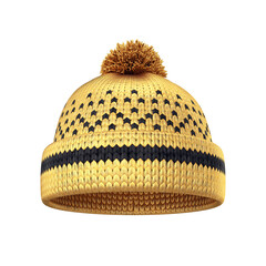 Knitted wool hat in gold color with a black pattern on a white background, 3D render