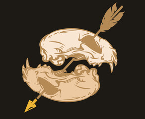 Two cat skull with wood arrows in colorful hand drawn style isolated on black background. Vector cartoon illustration. Retro vintage design concept for tattoo, print, cover.