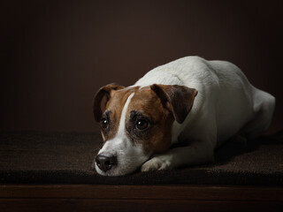 A red and white dog looking at the camera. charming jack russell terrier on a dark background. Pet in the studio. Portrait