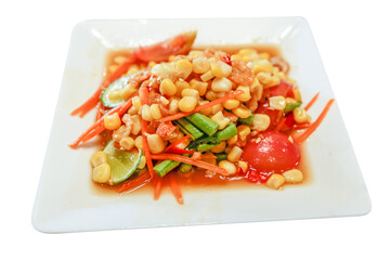 Top view of shrimp & Corn Spicy Salad, focus selective.