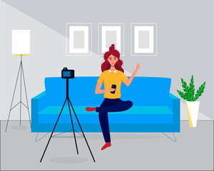Blogger - woman that records video blog. Vlog concept. Woman are talking in front of a video camera at home on the couch. Vector flat illustration.