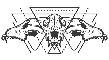 Monochrome composition with sacred geometry forms and wolf or dog skull. Vintage design concept isolated on white background. Modern vector illustration. © cgterminal