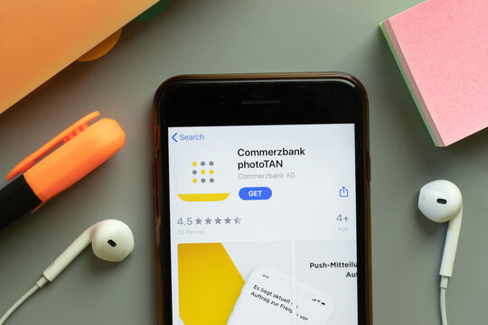 New York, United States - 7 November 2020: Commerzbank photoTAN app store logo on phone screen, Illustrative Editorial