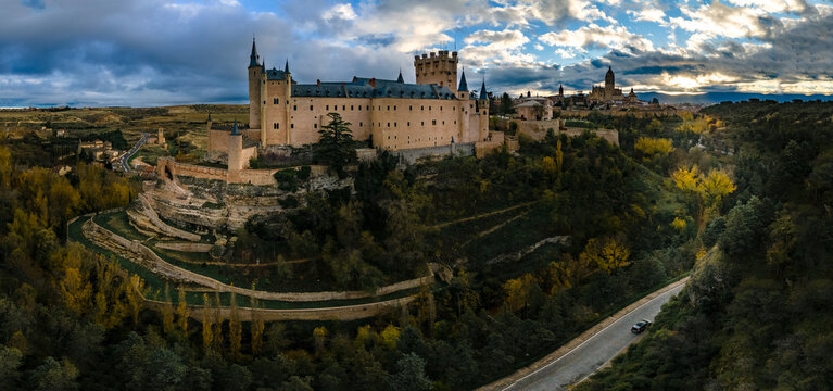 Panoramic view of the Alcazar Castell of Segovia from Drone
