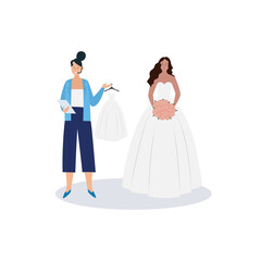 Fototapeta premium Professional wedding organisator and bride in wedding dress a vector illustration