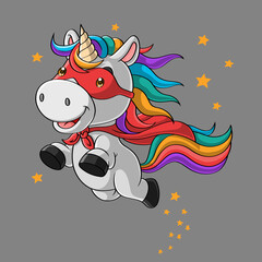 Cute unicorn super hero cartoon, flying in the sky, hand drawn