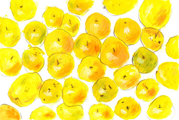 yellow apples, background image, hand drawn sketch in gouache and colored pencils