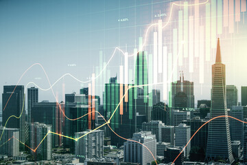 Abstract virtual financial graph hologram on San Francisco skyline background, forex and investment concept. Multiexposure