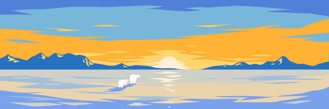 Beautiful Arctic Sundown with Polar Bears Illustration