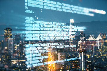 Fototapeta premium Multi exposure of abstract creative coding sketch on San Francisco city skyline background, artificial intelligence and neural networks concept