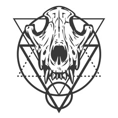 Monochrome composition with sacred geometry forms and wolf or dog skull. Vintage design concept isolated on white background. Modern vector illustration. © cgterminal