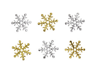 Set of silver and golden foil snowflakes for Christmas decoration isolated on white