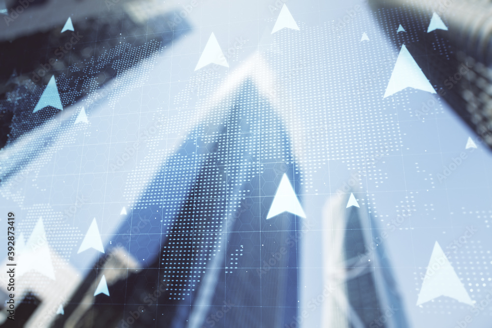 Poster double exposure of abstract virtual world map with pins hologram on modern skyscrapers background. g