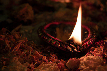Close up of diyas on the occasion of diwali