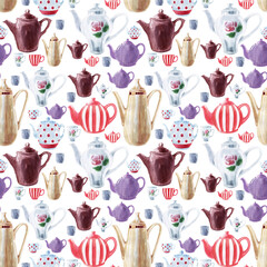 Watercolor seamless patterns on the theme of tea drinking with colorful teapots, mugs, tea bags, teaspoons