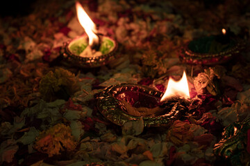 Close up of diyas on the occasion of diwali