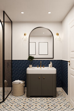 3d rendering. Corner of hotel bathroom with blue tiled walls, large mirror, pattern on the floor and shower. Classic style.