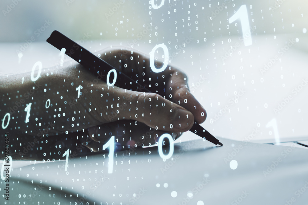 Leinwandbilder Double exposure of creative abstract binary code hologram and man hand writing in notebook on background. Database and programming concept