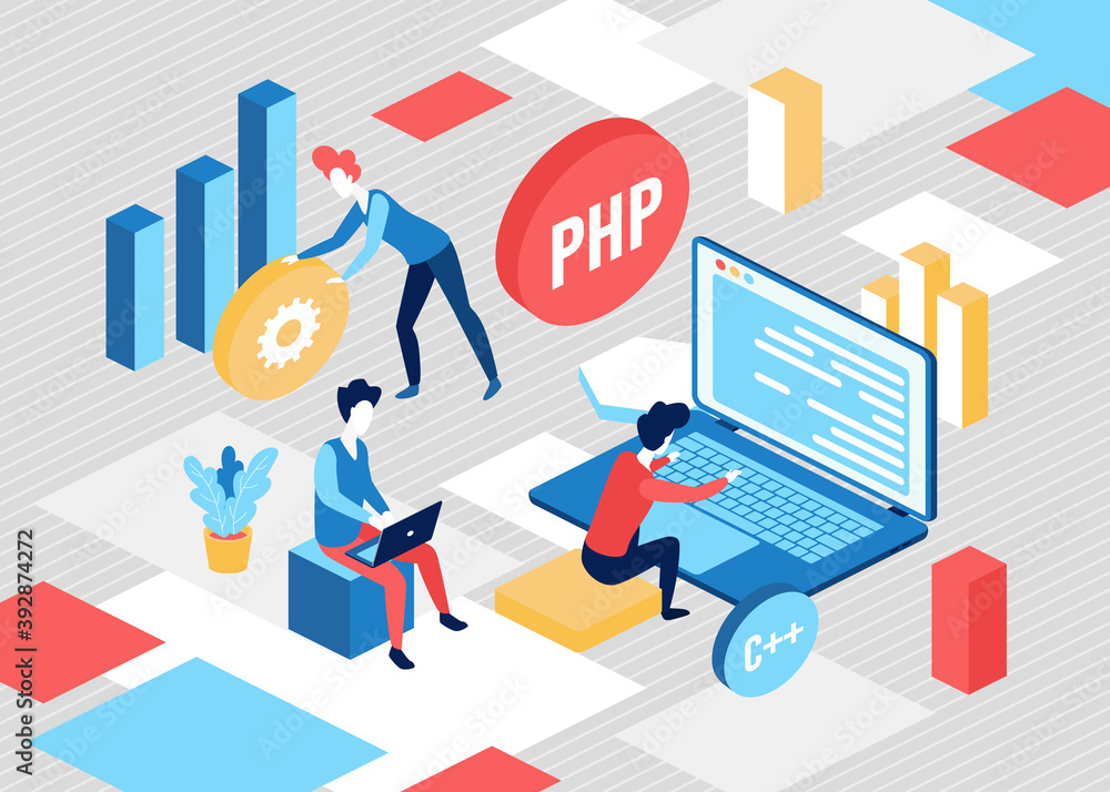 Poster web development isometric concept vector illustration. cartoon 3d tiny developer people work, create