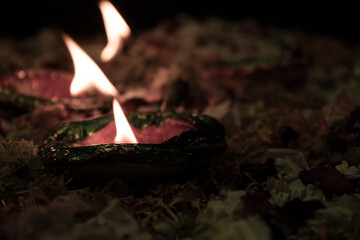 Close up of diyas on the occasion of diwali