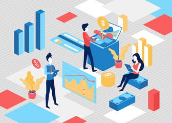 Obraz na płótnie Canvas Business financial profit growth isometric concept vector illustration. Cartoon 3d tiny analyst business people working, analyzing growing graph arrow chart, planting money plant in pot background