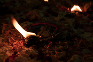 Close up of diyas on the occasion of diwali