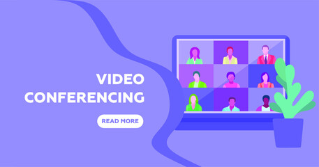 Illustrations flat design concept video conference. online meeting work form home. Vector illustrate.