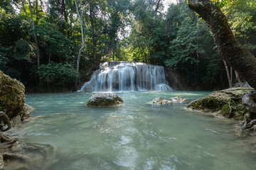 Huay Mae Khamin waterfalls in deep forest at Srinakarin National Park ,Kanchanaburi ,A beautiful stream water famous rainforest waterfall in Thailand