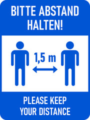 Bitte Abstand Halten ("Please Keep Your Distance" in German) 1,5 m or 1,5 Metres Bilingual German-English Vertical Social Distancing Instruction Icon with an Aspect Ratio of 3:4. Vector Image.