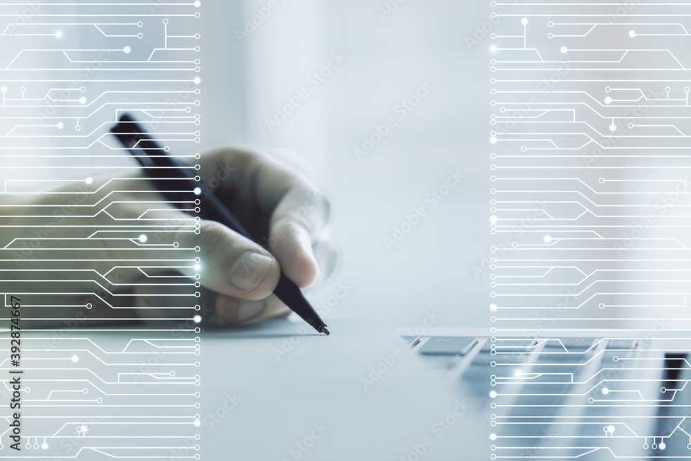Poster double exposure of circuit hologram and hand writing in notebook on background with laptop. research