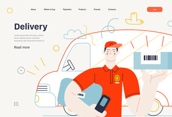 Fototapeta na wymiar Business topics - shipping, web template. Flat style modern outlined vector concept illustration. A young man, delivery guy holding a parcel with barcode. Delivery truck behind. Business metaphor.