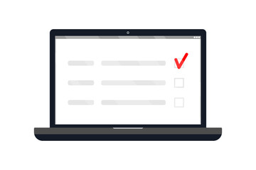 Laptop screen with checklist document. Concept of paper checklist and to do list with checkboxes, survey, completed things or done test etc. Vector stock illustration isolated on white background.