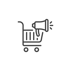 Shopping cart and megaphone line icon. linear style sign for mobile concept and web design. Advertising offer outline vector icon. Symbol, logo illustration. Vector graphics