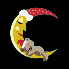 cartoon, illustration, moon and bear sleeping wearing Christmas hat